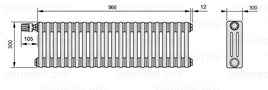 Схема (чертеж) Радиатор Zehnder Charleston 3030/21 №V012 Белый глянцевый RAL 9016